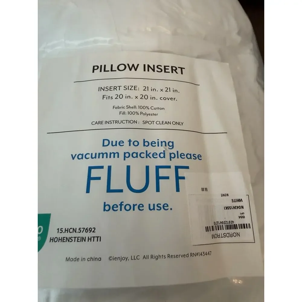 Nordstrom Pillow Insert 100% Cotton Poly Fill Fits 20 in. x 20 in. Pillows NWT